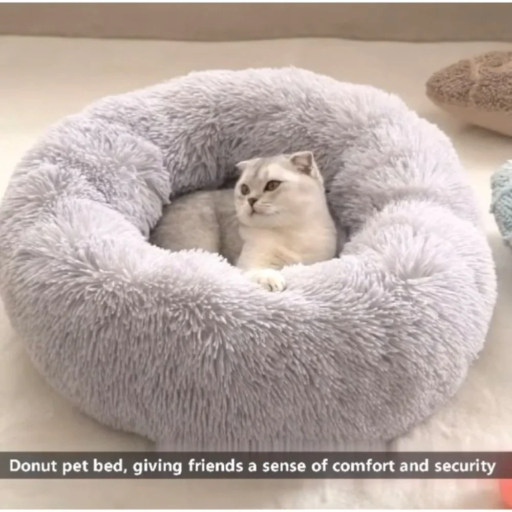 Donut Pet Bed 80cm XLarge Khaki Soft Warm Fluffy Cat Dog Bed